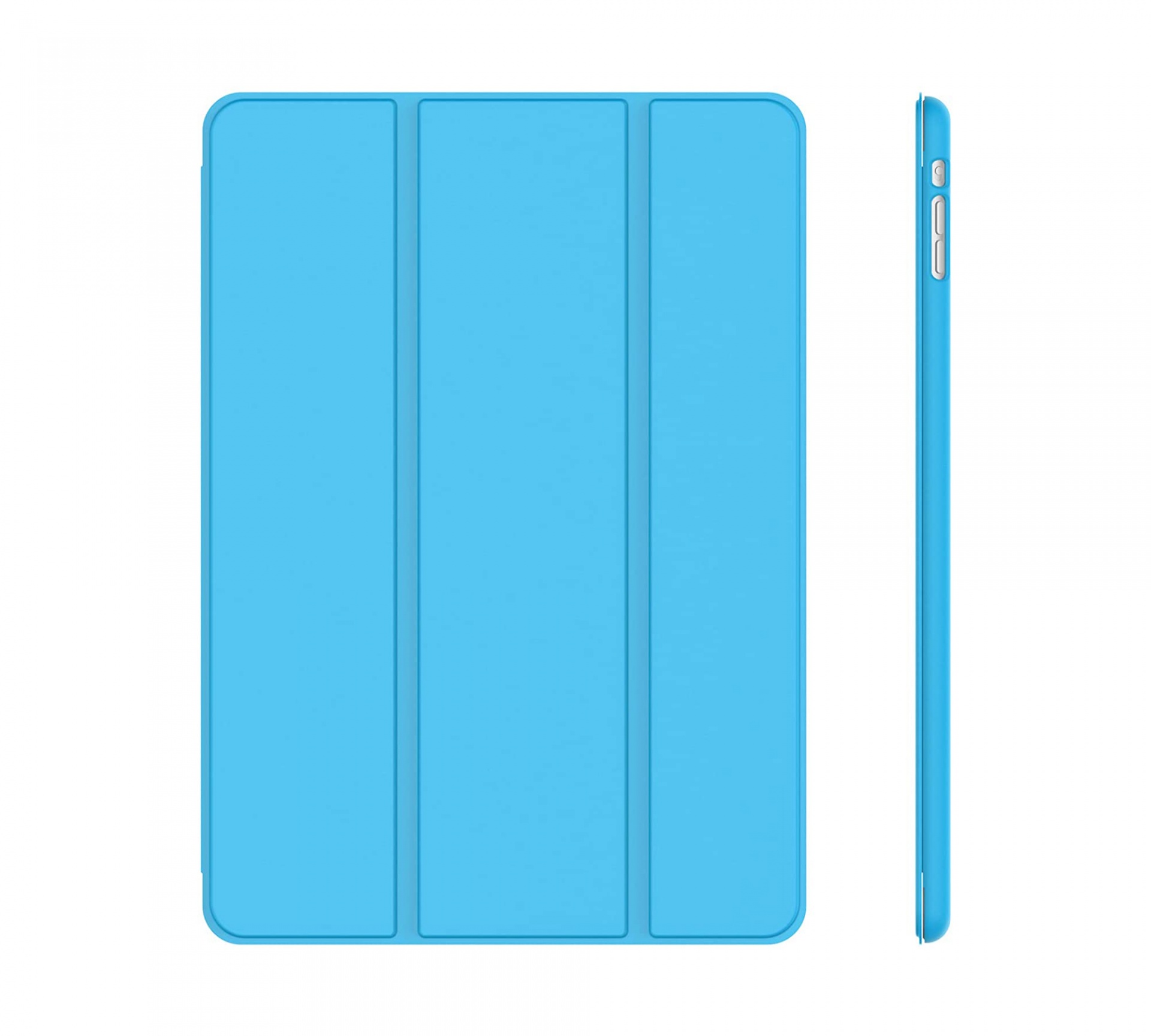 Capa Smart Color para iPad mini (1/2/3) Capa protetora azul para tablet com dobras verticais e botões laterais visíveis.