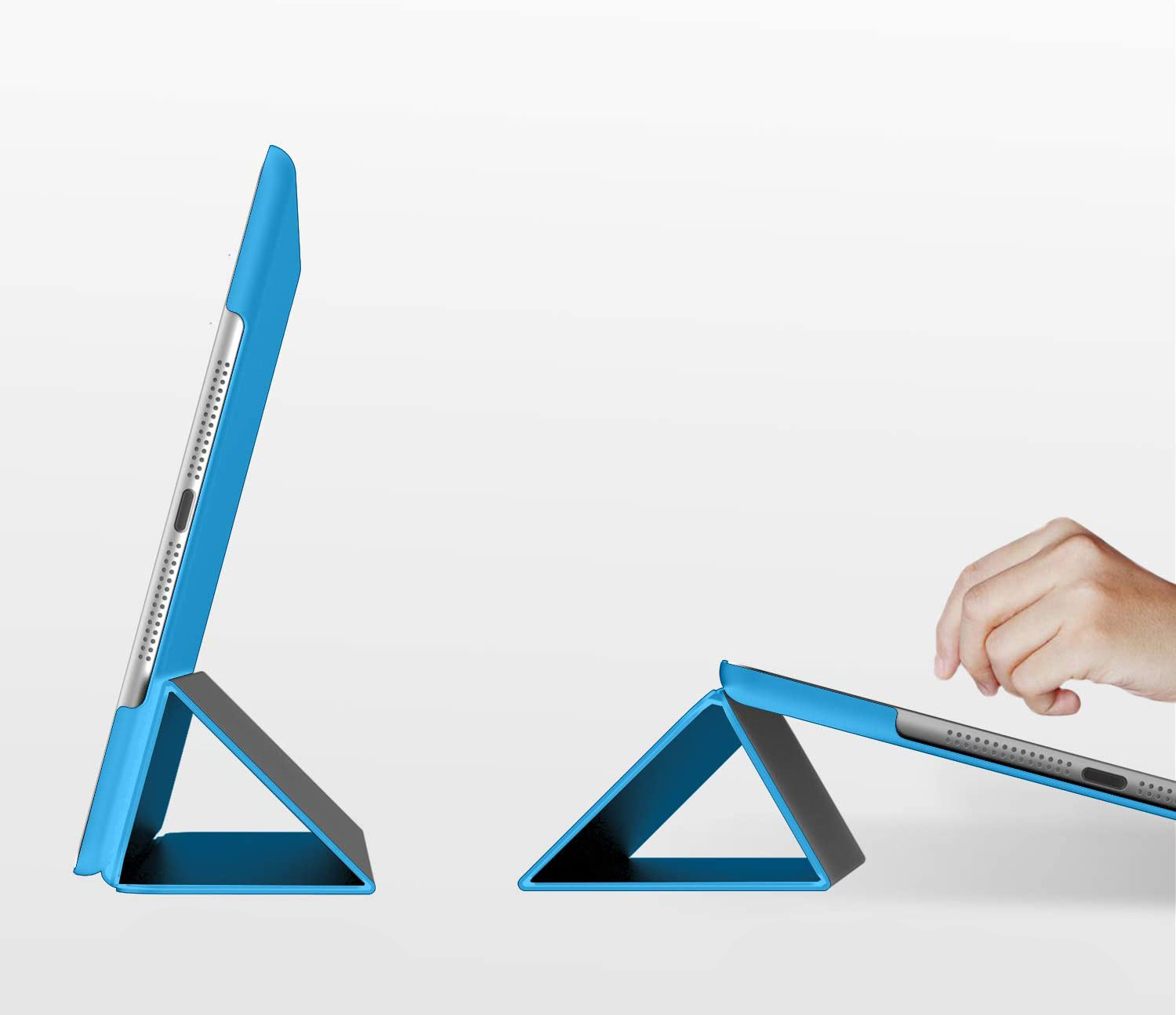 Capa Smart Color para iPad mini (1/2/3) Tablet com capa azul em duas posições triangulares, uma vertical e outra inclinada, com mão a interagir