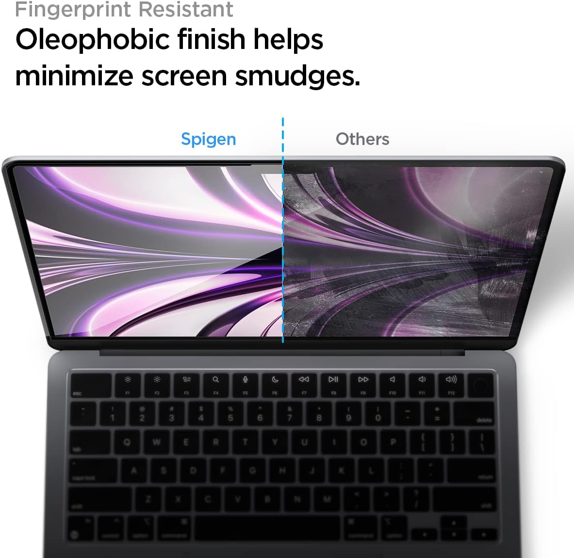 Película de Vidro Temperado Spigen Glass Full Coverage para MacBook Air Portátil com ecrã dividido mostrando acabamentos oleofóbicos versus outros.