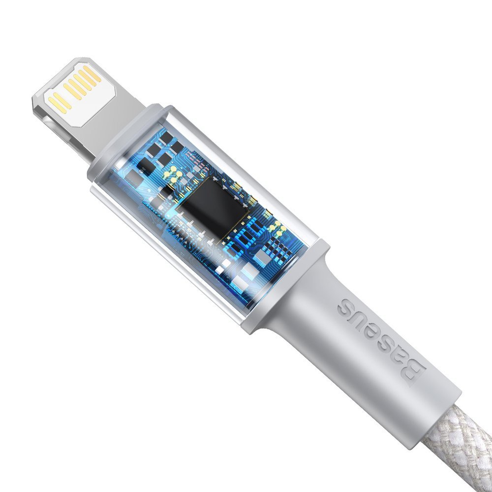 Cabo de carregamento USB com conector Lightning e corpo transparente mostrando circuito interno