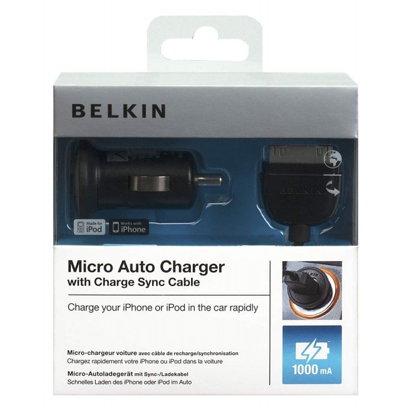 Carregador de isqueiro USB Belkin 1.0A + Cabo 30 Pinos Carregador automóvel micro com cabo de sincronização BELKIN em embalagem branca e azul