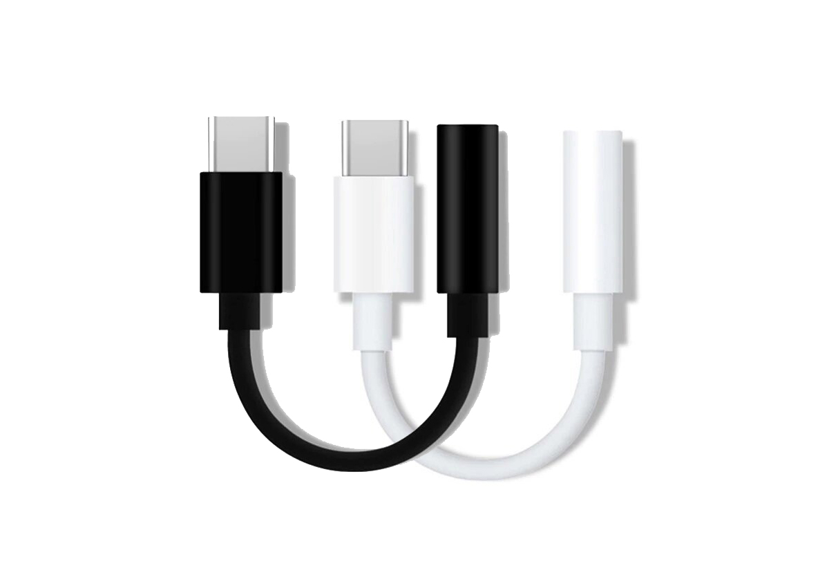 Adaptador USB-C para entrada auscultadores jack 3.5mm Cabo divisor USB-C preto e branco sobre fundo branco