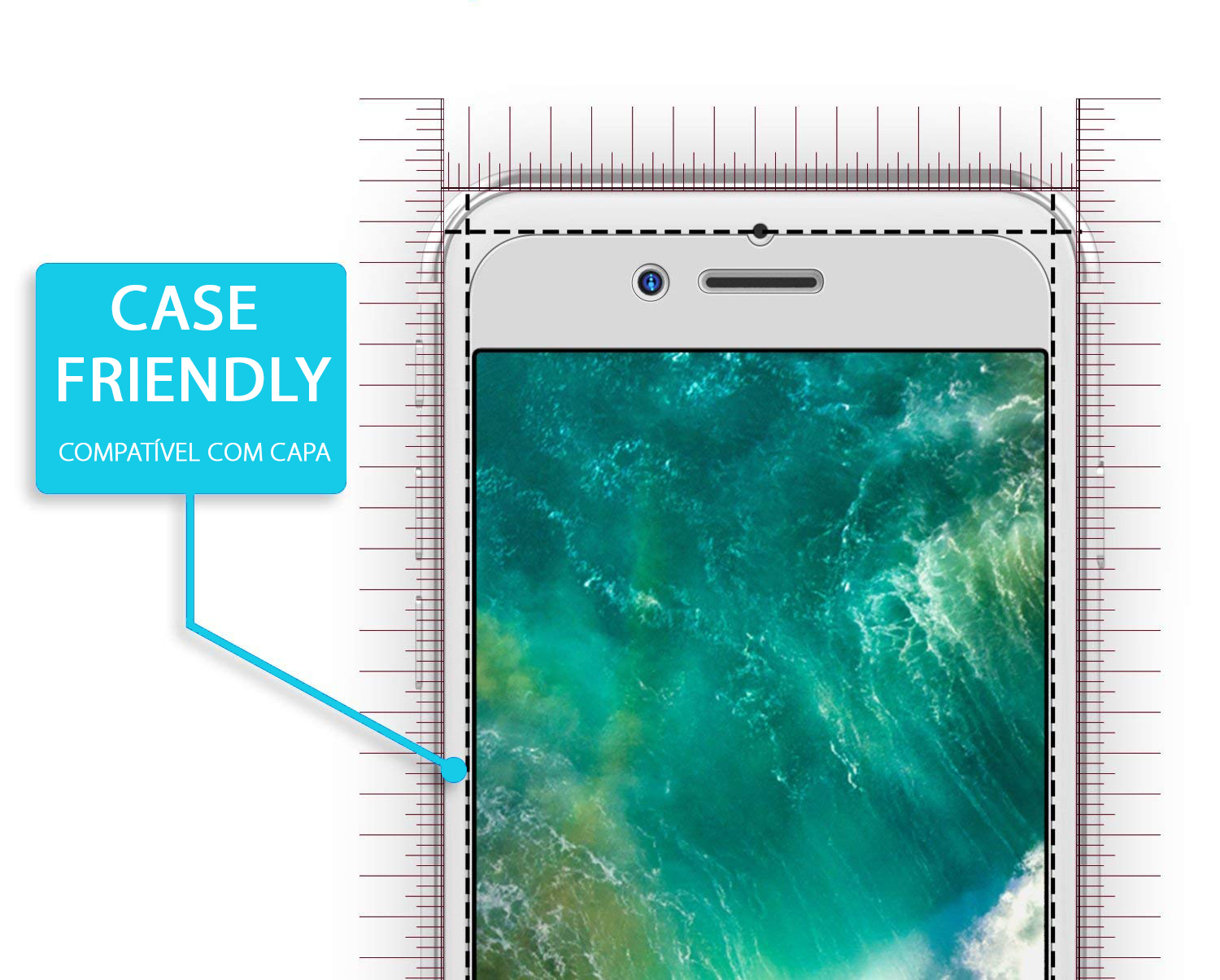 Películas de Protecção de Ecrã em Vidro Temperado HD para iPhone 8/7/6 Plus Smartphone branco com ecrã azul-esverdeado sobre régua, etiqueta azul indicando compatibilidade com capa