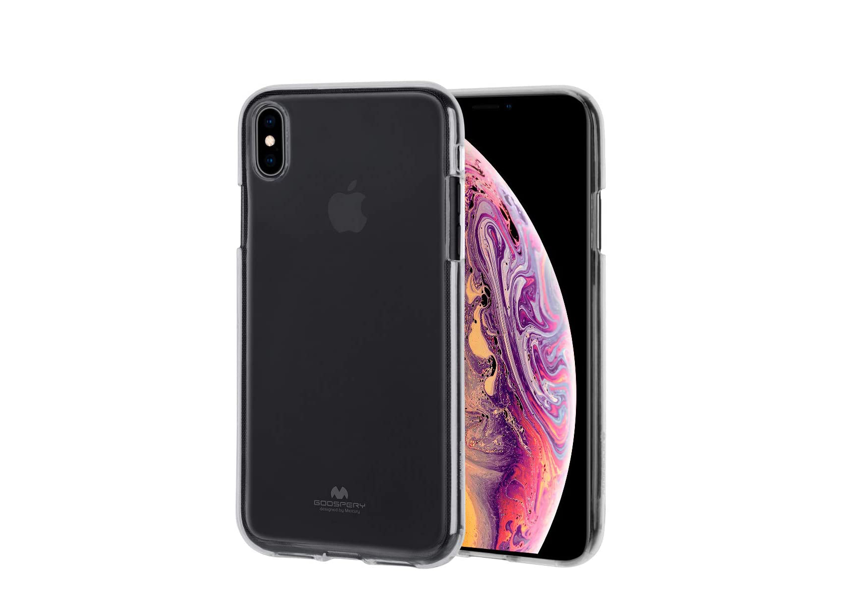 iPhone XS Max Capa Goospery Jelly 100% Transparente Smartphone com capa protetora transparente preta exibindo ecrã colorido e traseira com logótipo Apple