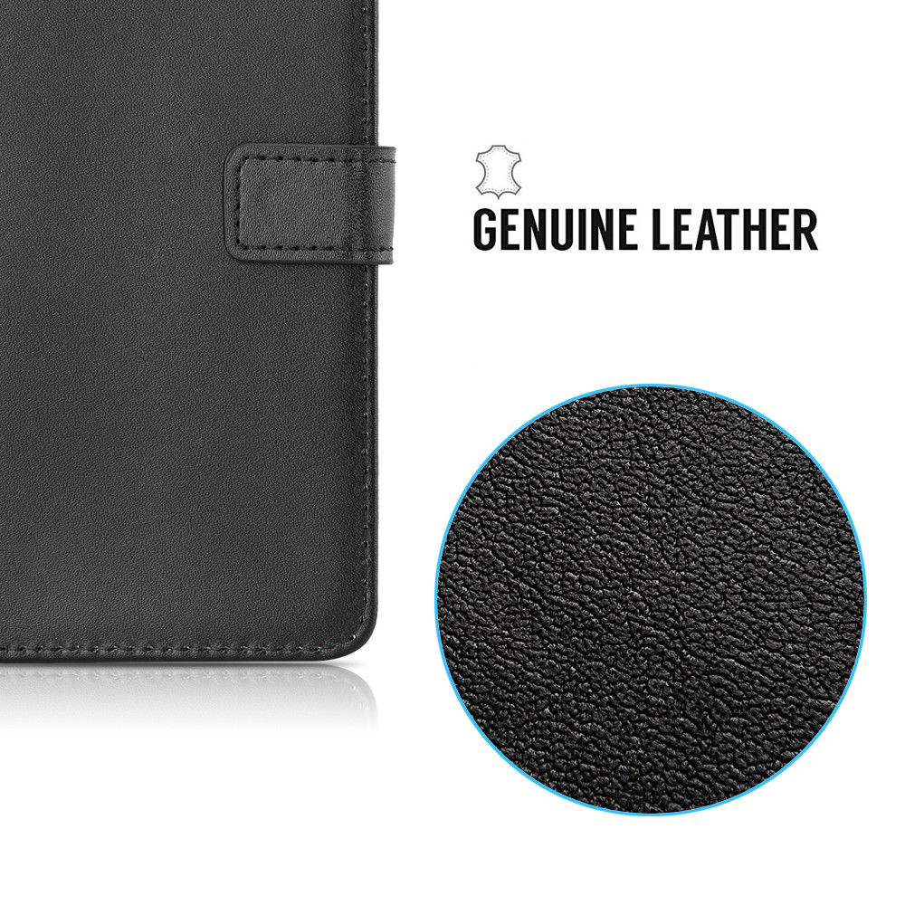 Capa Carteira Flip em Pele Genuína para iPhone SE/8/7 Carteira preta em pele genuína com costura e textura granulada ampliada