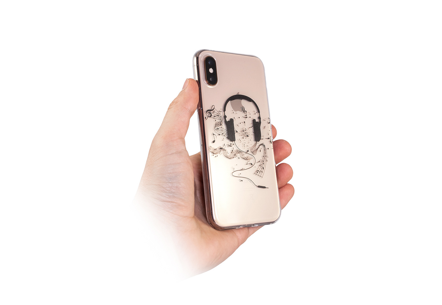 iPhone X/XS Capa Music Silicone Transparente Telemóvel dourado com capa transparente e desenho de auscultadores e ondas de som