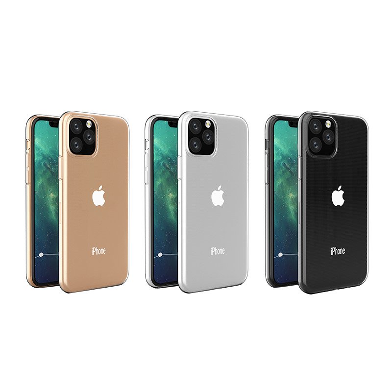 Capa Fina Proda Silicone 100% Transparente para iPhone 11 Pro Max Três iPhones com capas dourada, prateada e preta lado a lado.
