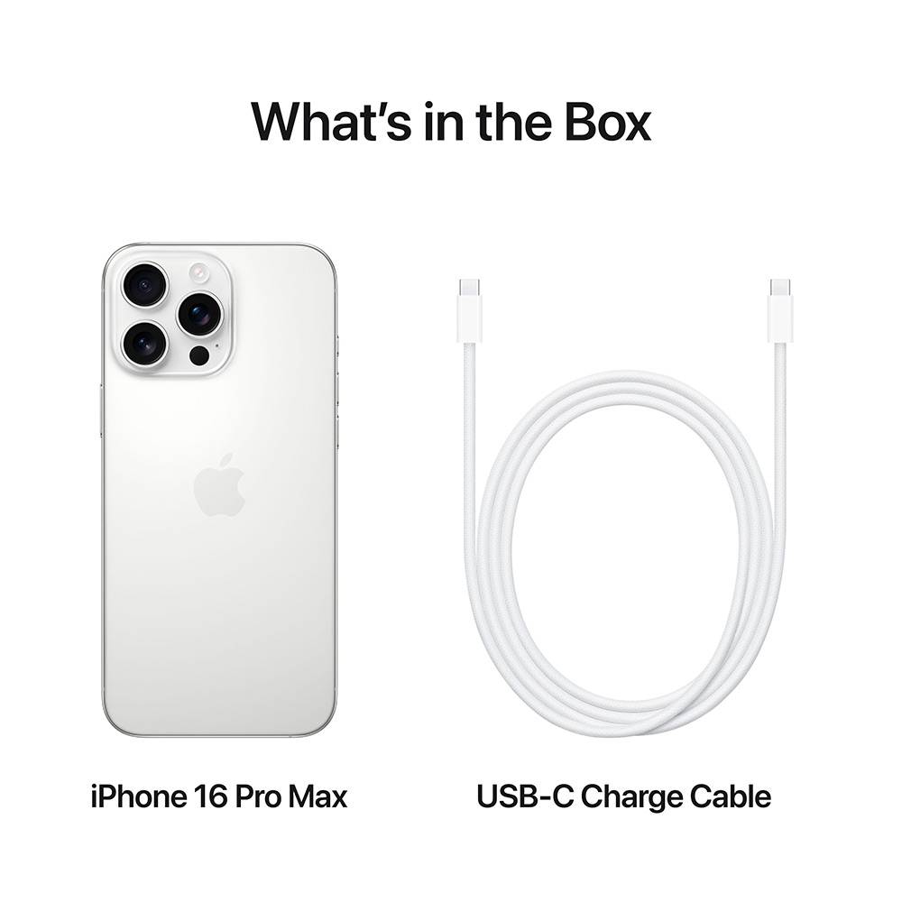 iPhone 16 Pro Max branco e cabo USB-C carregamento sobre fundo branco com texto 'What's in the Box'