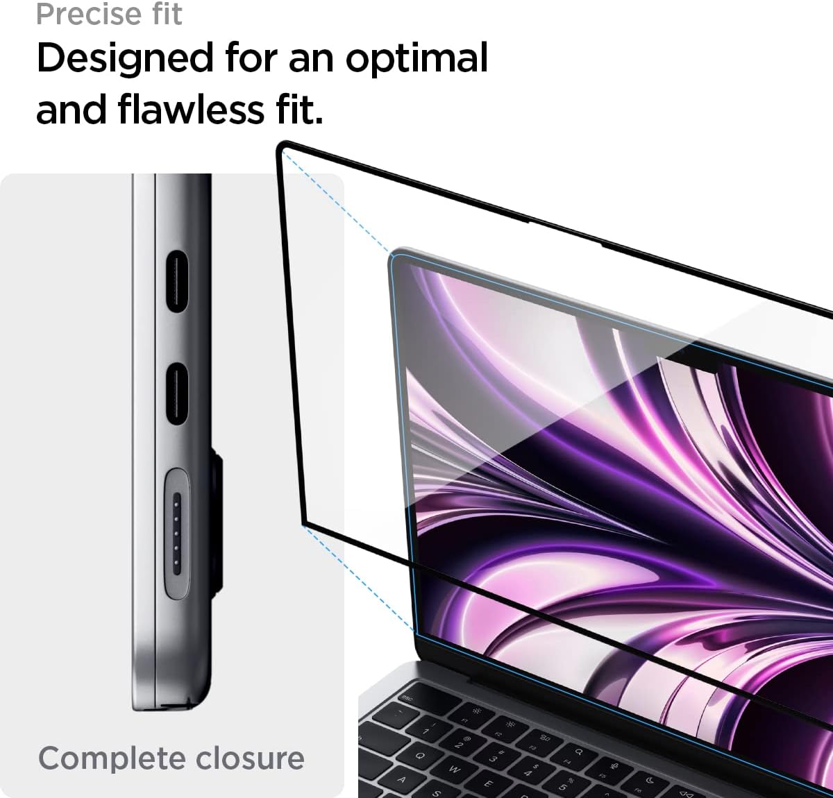 Película de Vidro Temperado Spigen Glass Full Coverage para MacBook Air Computador portátil cinzento com capa protetora e texto em inglês ao lado.