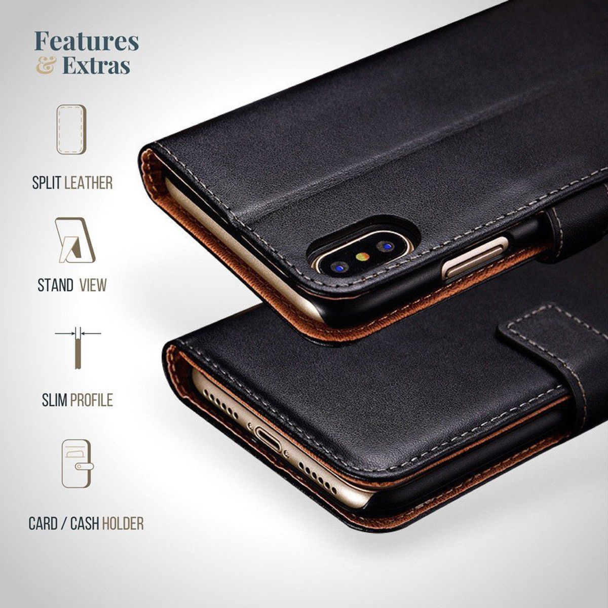 iPhone XS Max Capa Carteira Flip em Pele Genuína Estojo smartphone couro preto com suporte e porta cartões