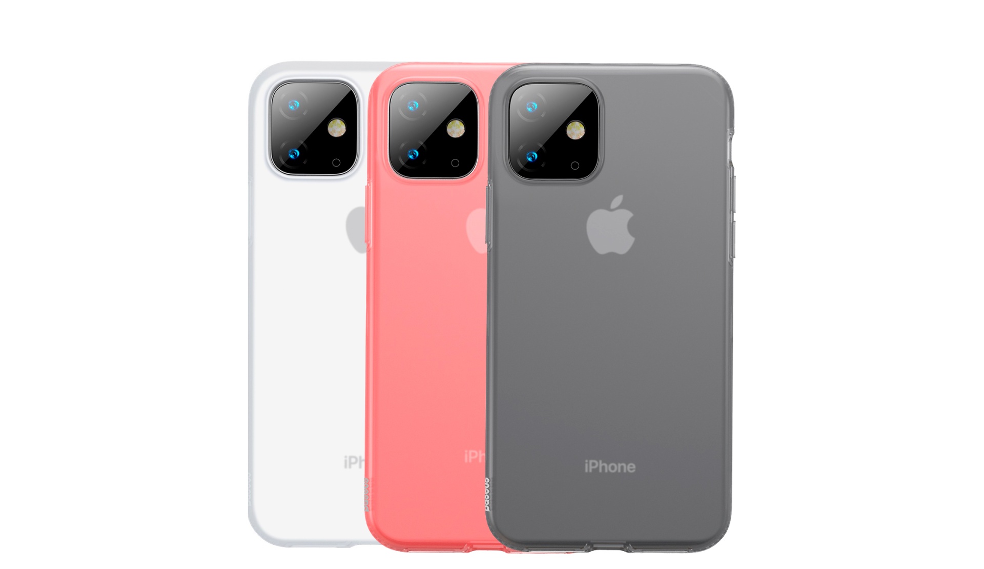 Capa Silicone Baseus Liquid Gel para iPhone 11 Pro Três iPhones em branco, rosa e cinza com logo Apple na parte traseira