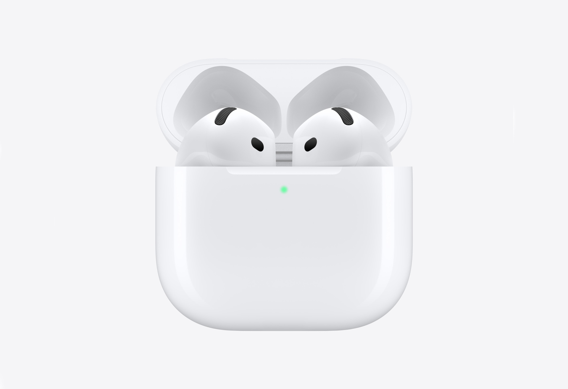 Apple AirPods 4 Auscultadores sem fios brancos num estojo branco ligeiramente aberto
