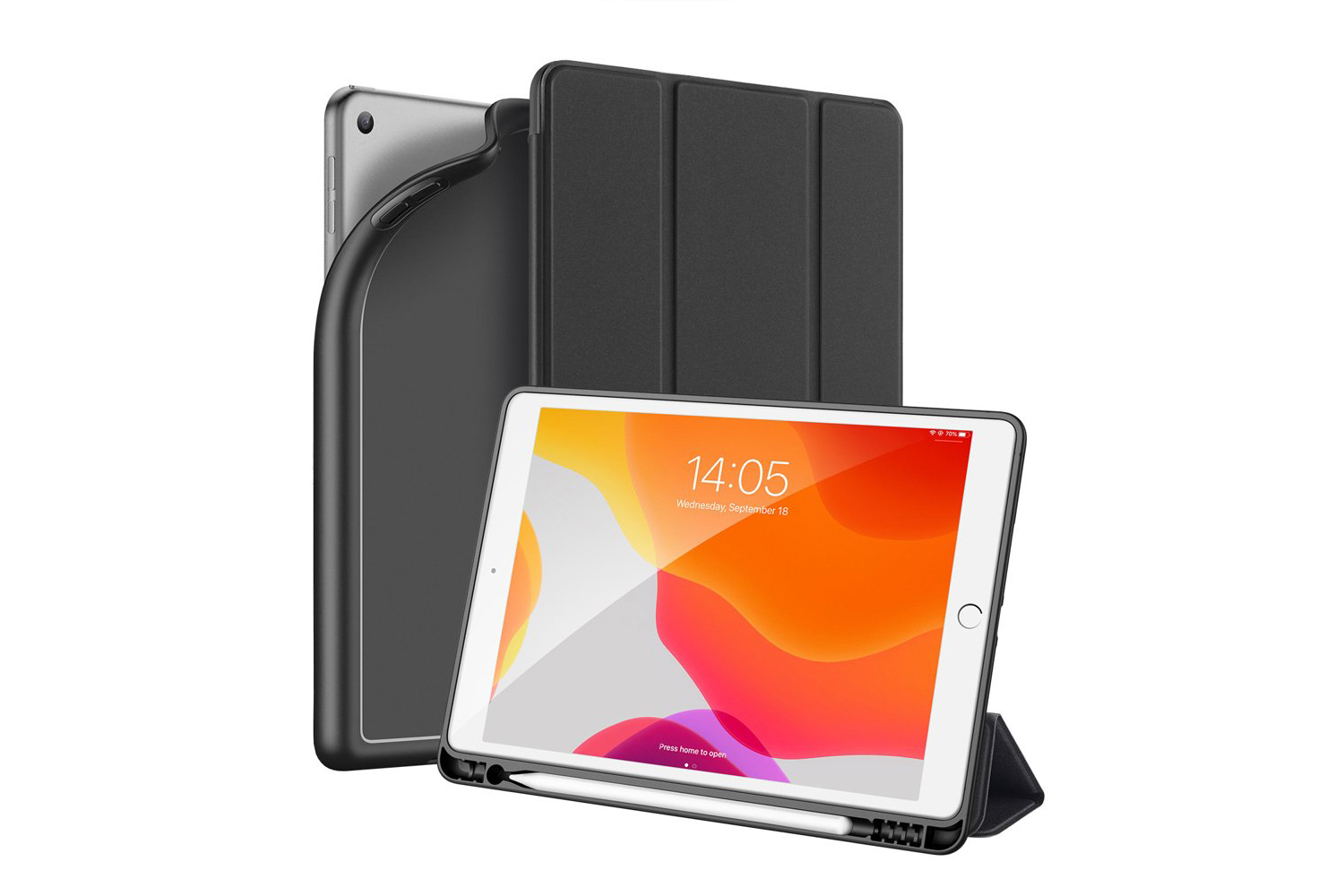Capa Dux Ducis Osom Pencil para iPad 10.2'' - Preto Tablet branco com capa protetora preta e suporte em uso