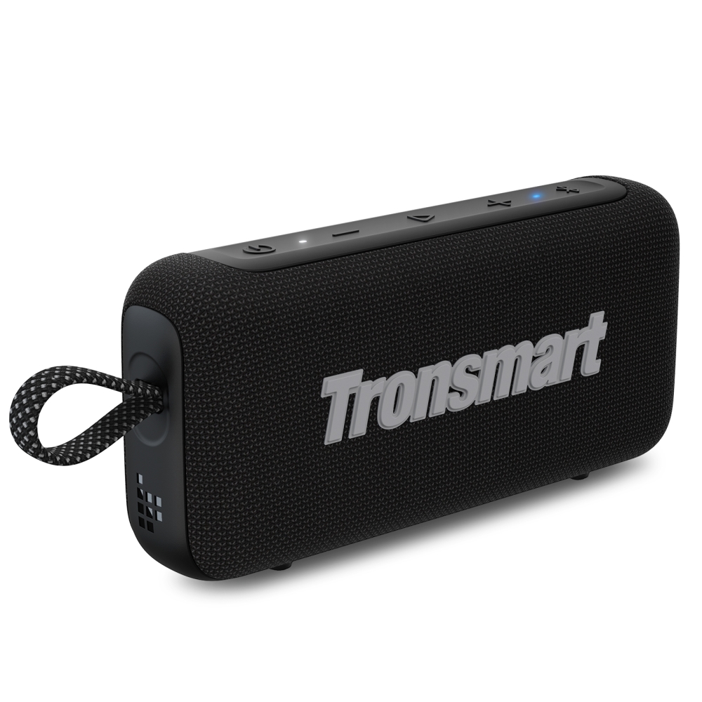 Coluna portátil Bluetooth preta Tronsmart com botões e alça de transporte