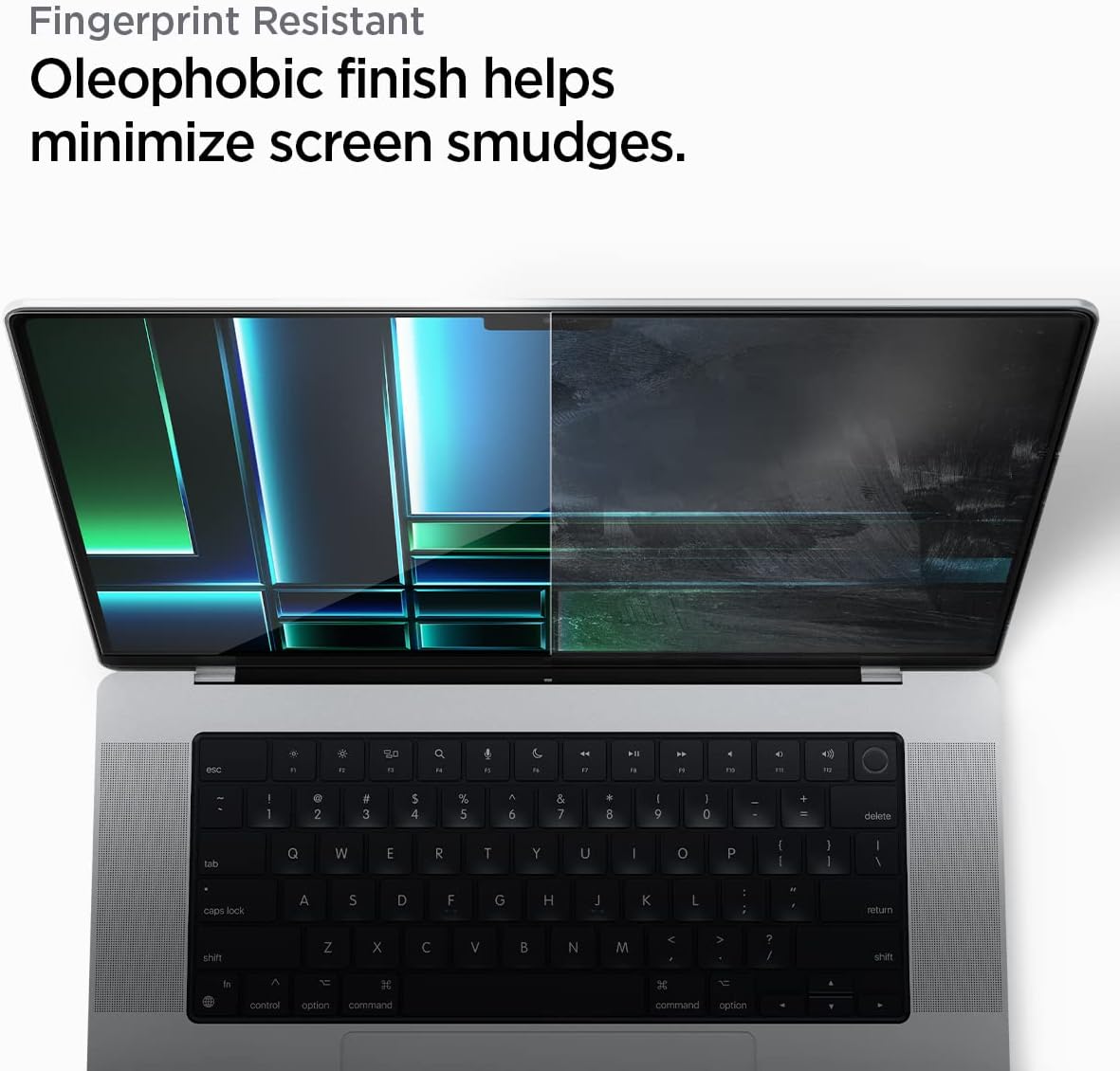 Película de Vidro Temperado Spigen Glass Full Coverage para MacBook Pro Portátil com ecrã dividido mostrando efeito oleofóbico para minimizar marcas digitais