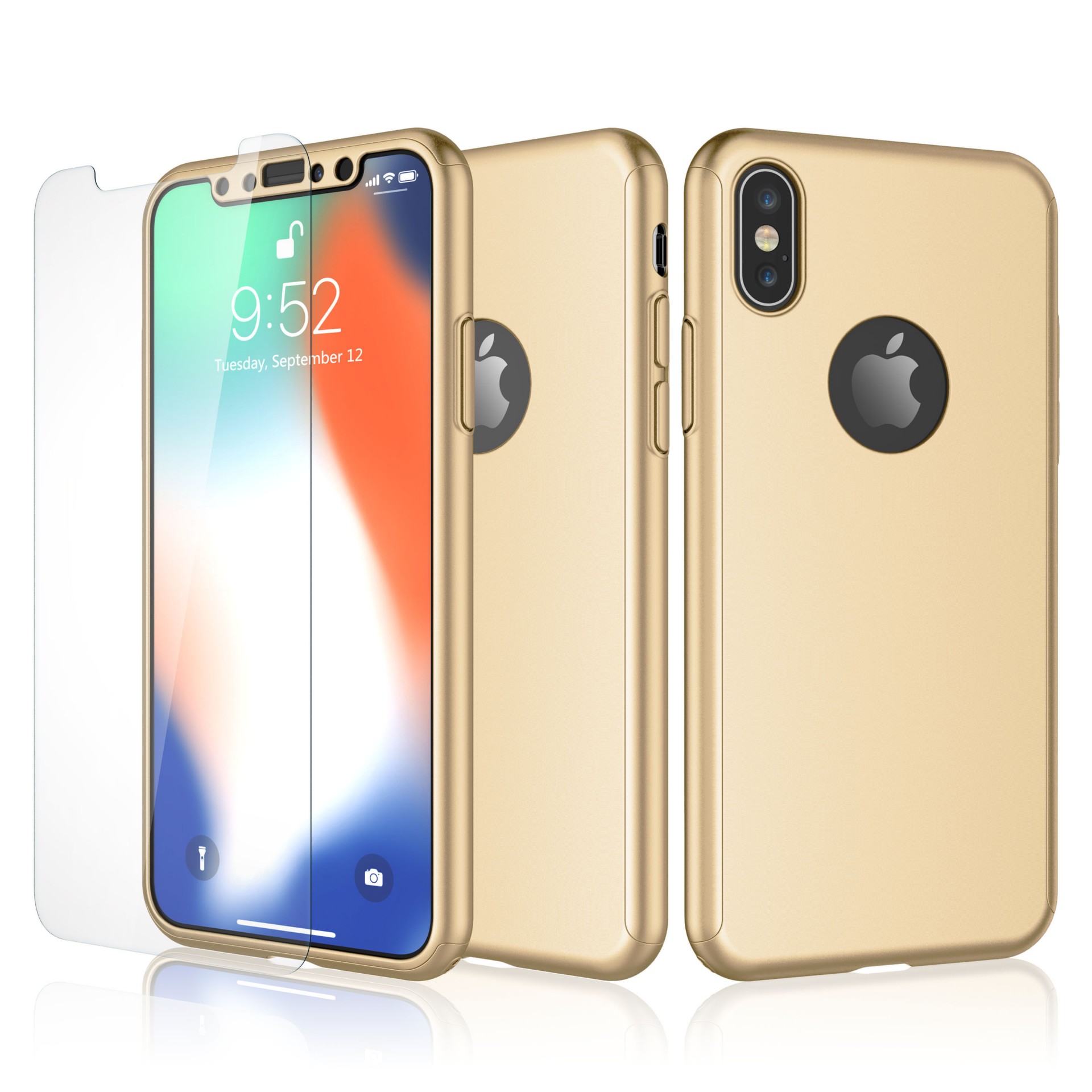 iPhone X/XS Capa Slim 360º + Vidro Temperado Capa dourada para smartphone, película de vidro temperado e smartphone com ecrã ligado