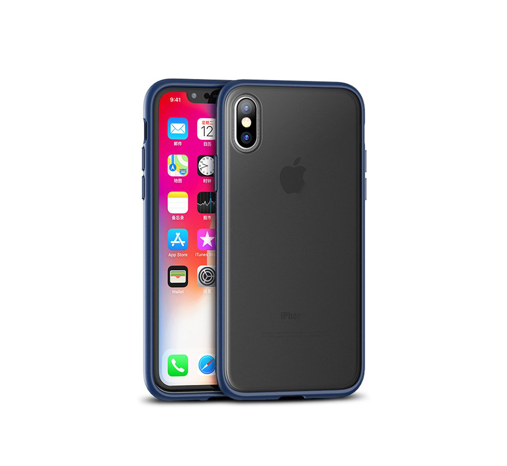 iPhone X/XS Capa Transparente Mate iPaky Cucorolis Smartphone com capa azul e traseira preta com logótipo Apple