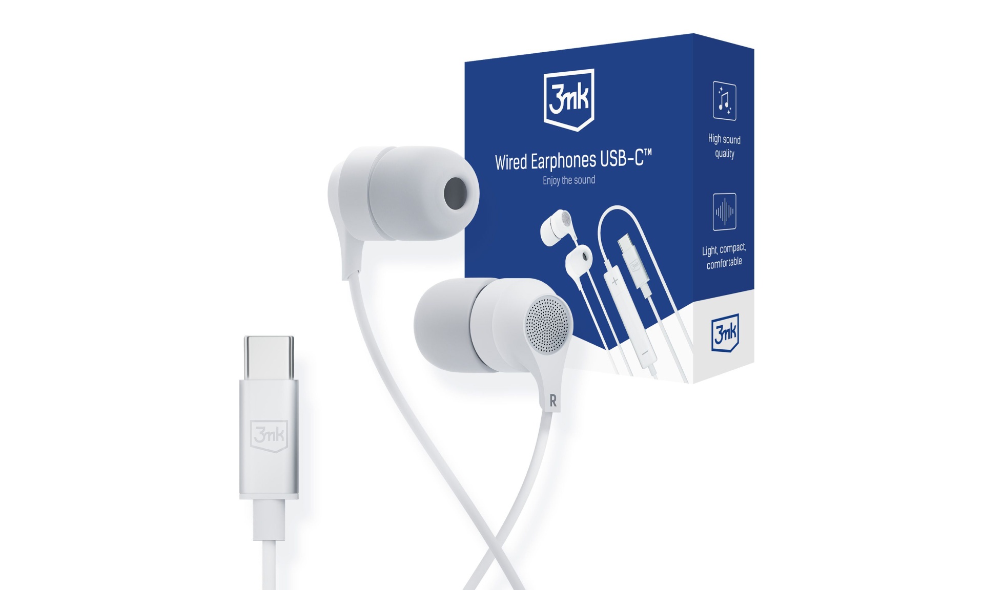 Auriculares 3mk Wired Earphones USB-C™ - Branco Auriculares com fios USB-C brancos e embalagem azul da marca 3mk