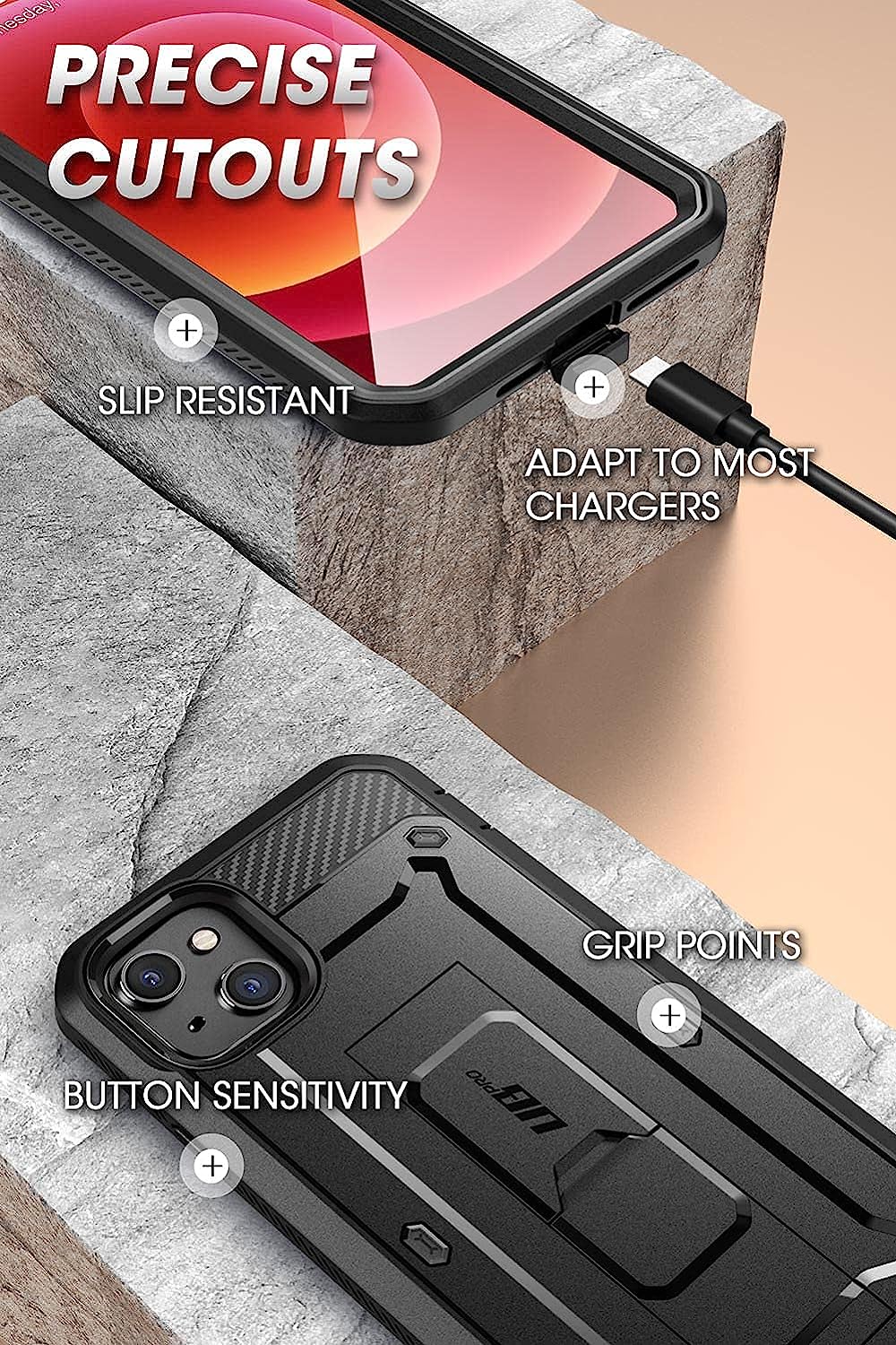 Capa Anti-Shock 360º Supcase Unicorn Beetle Pro para iPhone 13 mini Capa de telemóvel preta com recortes precisos e pontos de aderência sobre fundo de pedra