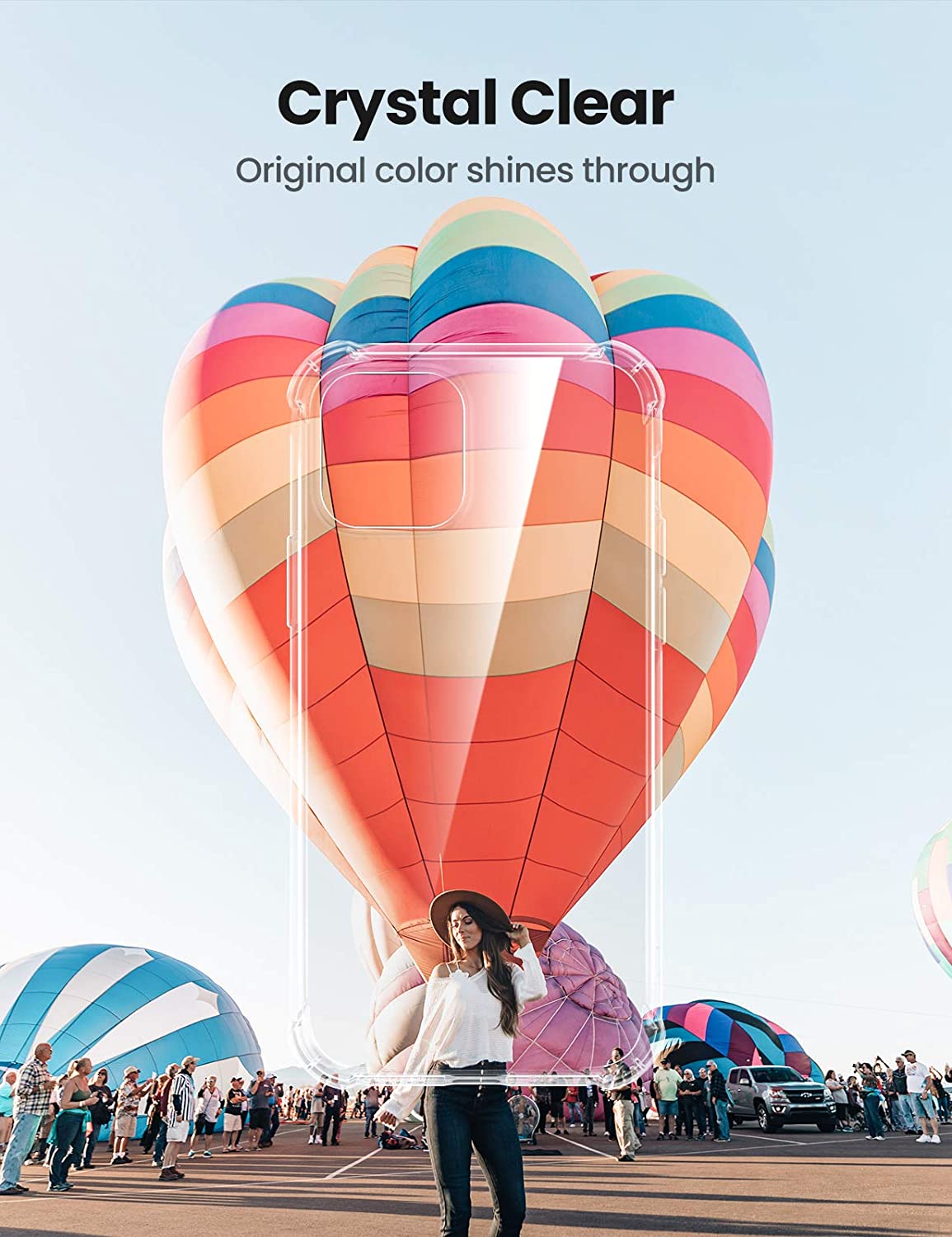 Capa Ugreen 100% Transparente Protective Silicone para iPhone 12 Pro Max Estojo transparente para telemóvel em frente a um balão de ar quente colorido.