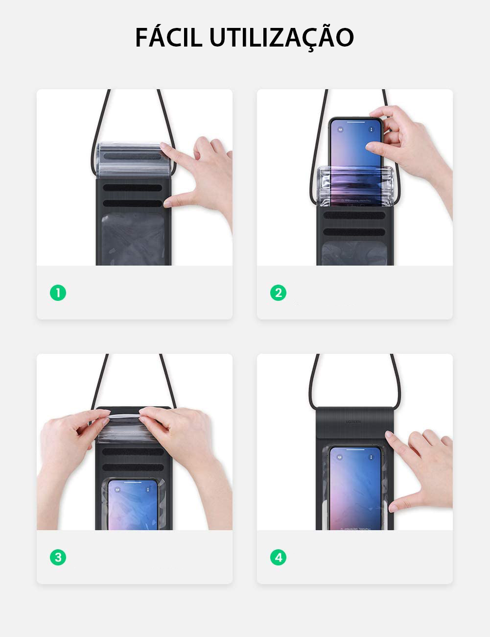 Capa/Bolsa Universal 6.6'' Impermeável Bolsa preta impermeável para telemóvel com instruções de utilização em quatro passos