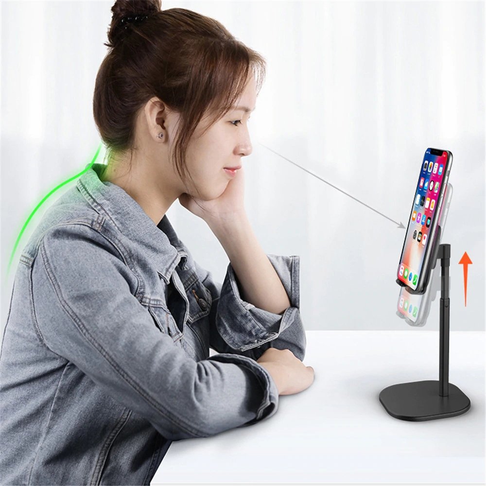 Suporte Secretária Universal Ajustável para Smartphone e Tablet Suporte de telemóvel preto ajustável com telemóvel e mulher sentada