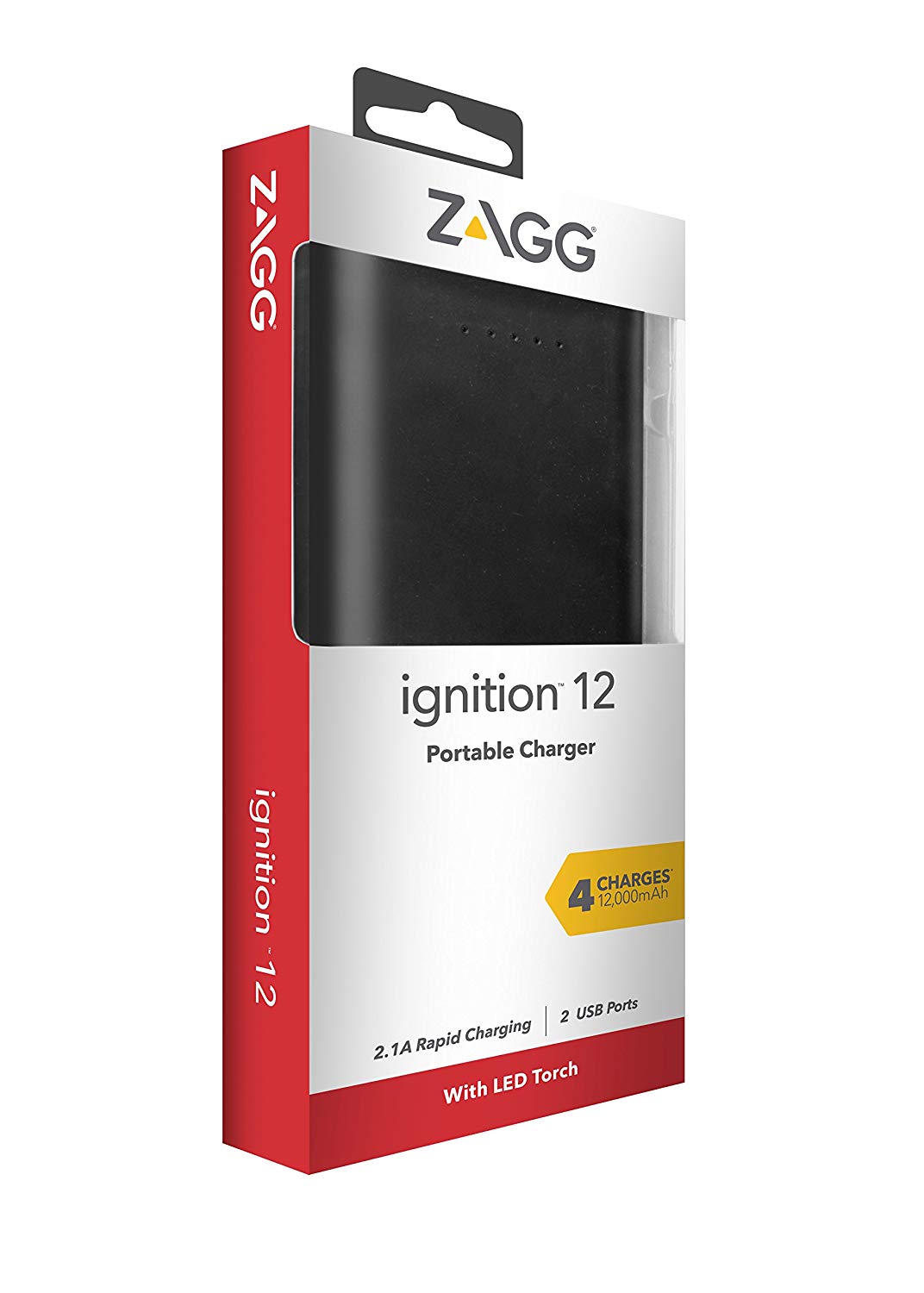 Powerbank Zagg Ignition 12000mAh Carregador portátil ZAGG ignition 12 preto na embalagem branca com vermelho