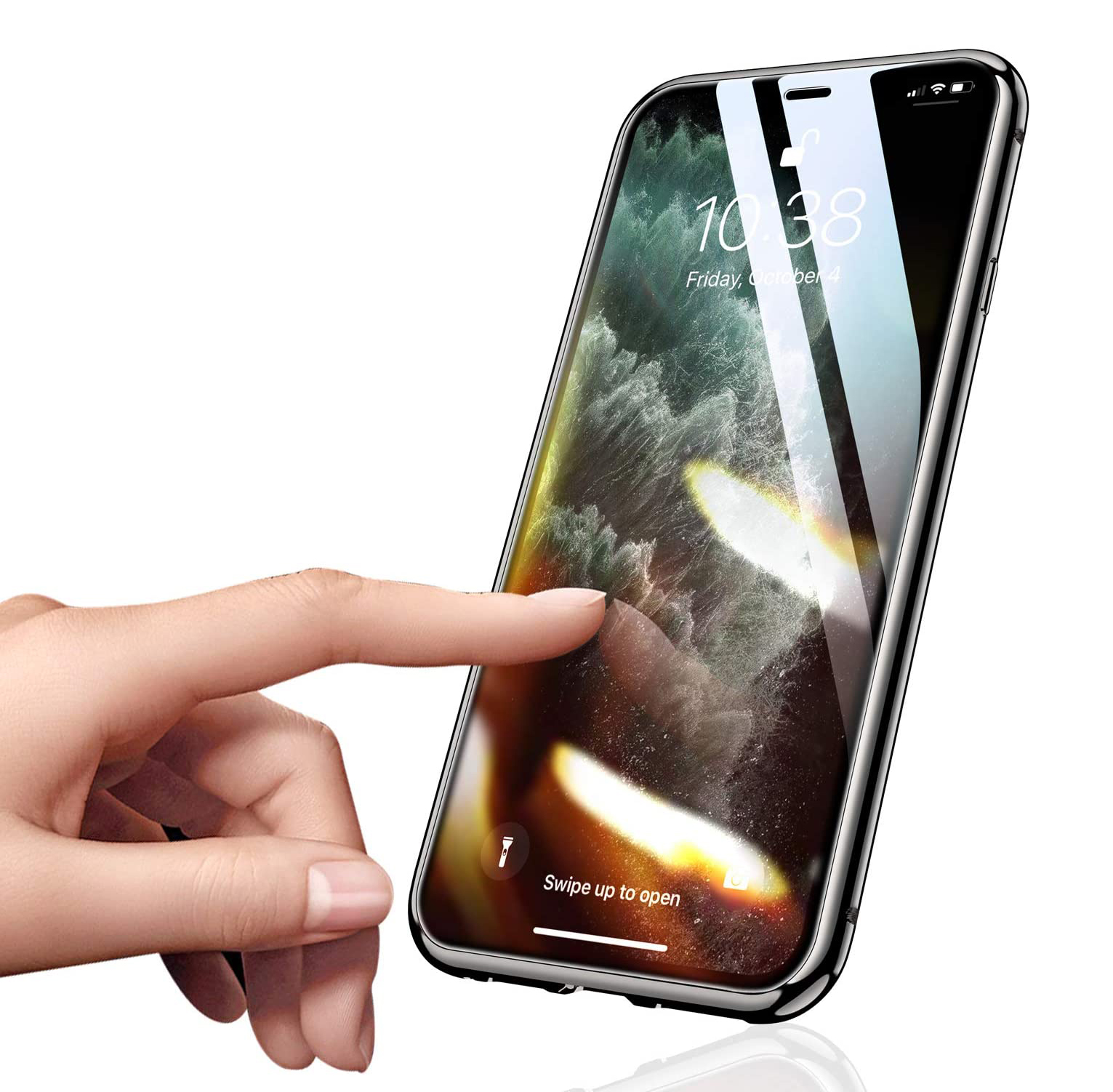 Capa Magnética 360º Wozinsky Premium para iPhone 11 Pro Max Smartphone com ecrã táctil a ser tocado por uma mão feminina