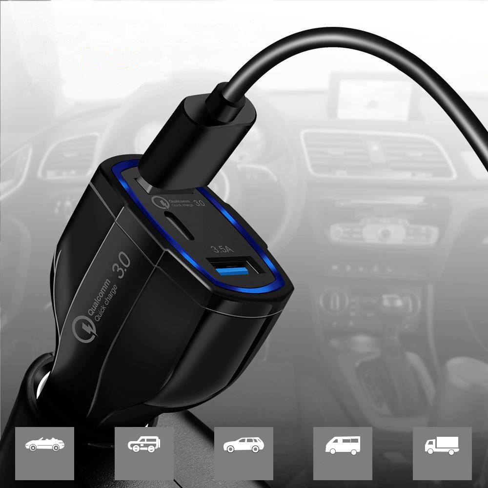 Carregador de isqueiro Wozinsky 2x USB + 1x USB-C QC3.0 Carregador rápido USB preto com detalhes azuis no isqueiro do carro