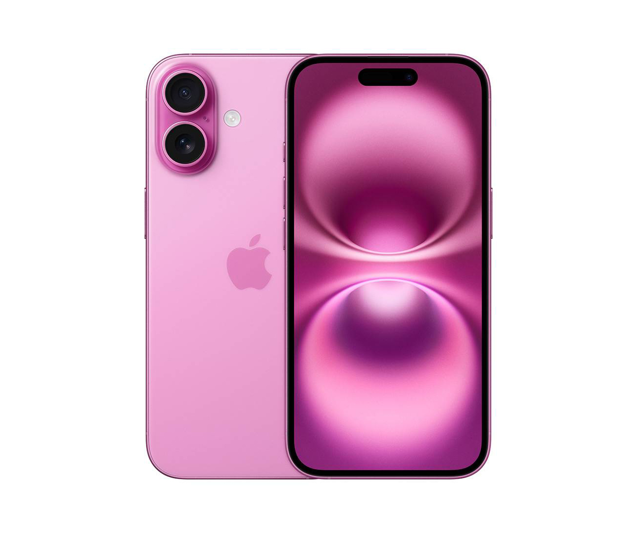 Smartphone Apple iPhone rosa com duas câmaras traseiras e ecrã frontal com padrão roxo