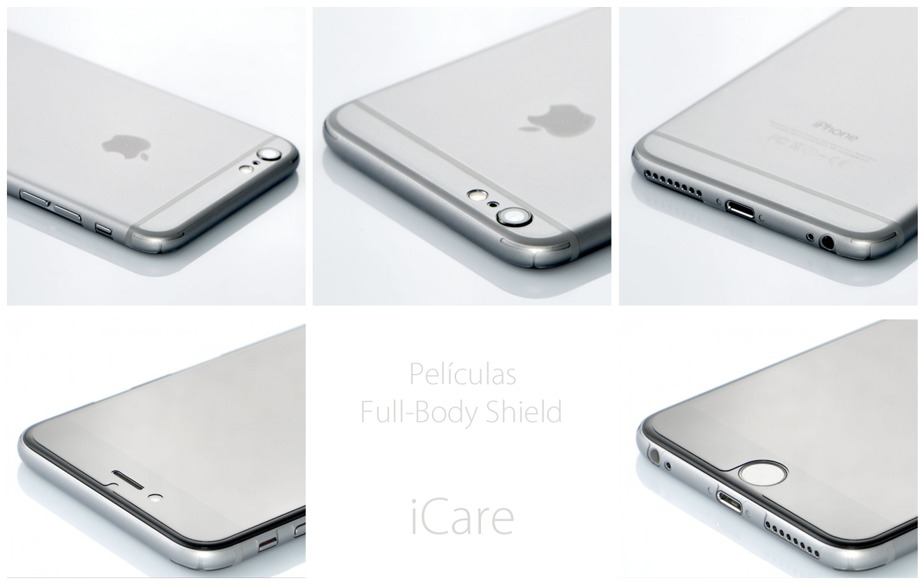 Películas Protectoras Full Body Bestskinsever para iPhone 6/6S Imagens detalhadas de um iPhone cinza prateado e metálico em diferentes ângulos.