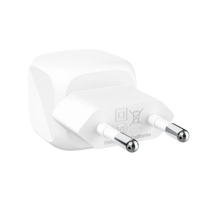 Adaptador elétrico branco com duas pontas metálicas redondas