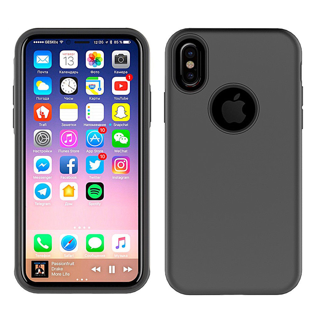 iPhone X/XS Capa Extrema Protecção X1BTE Preto Smartphone com capa preta e ecrã com aplicações visíveis.