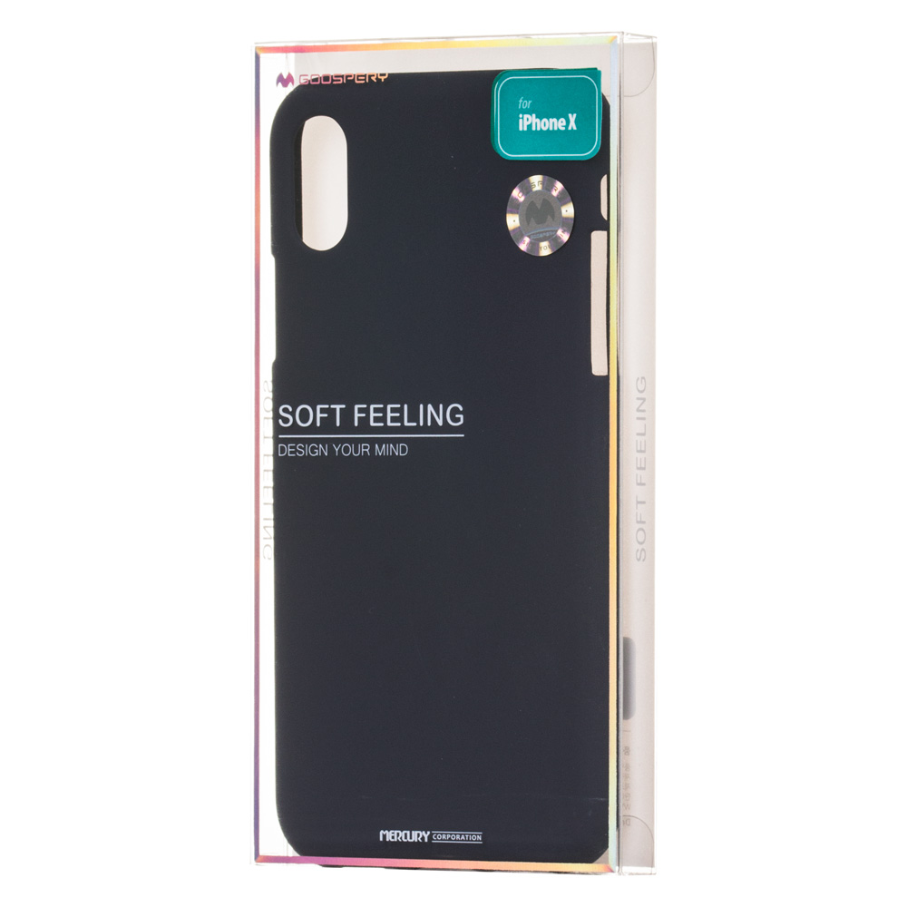 iPhone X/XS Capa Fina Silicone Soft Feeling Goospery Capa preta para iPhone X embalada em caixa transparente com texto 'SOFT FEELING DESIGN YOUR MIND'.