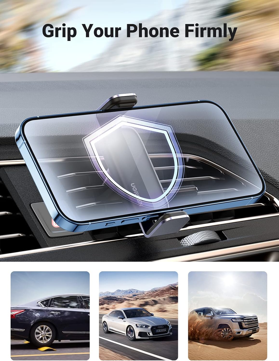 Suporte Ugreen Air Vent Mini 360º para automóvel Suporte para telemóvel no carro com clip metálico e telemóvel azul