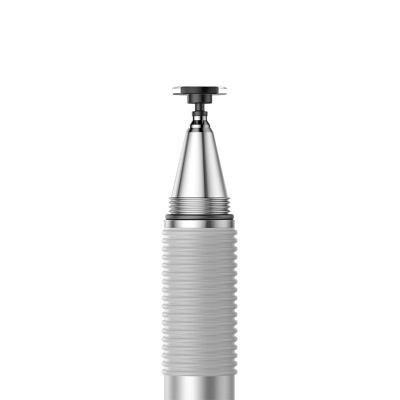 Ponta da caneta técnica prateada com empunhadura branca texturizada