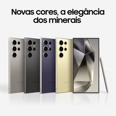 Cinco telemóveis Samsung Galaxy em diferentes cores com stylus e texto promocional em português.