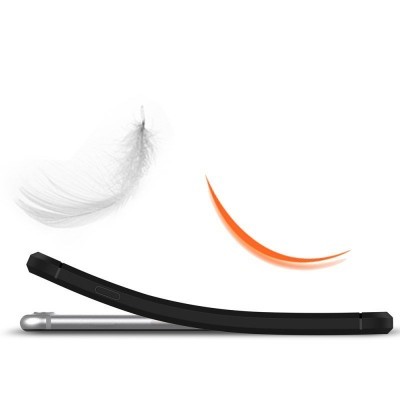 Dois telemóveis finos, um preto curvado e outro prateado direito, com pena branca e linha laranja