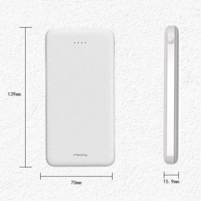 Power bank branco PHOODA com indicadores LED e medidas 139x70x15,9 mm