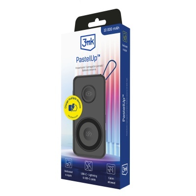 Embalagem do powerbank portátil 3mk PastelUp™ preto com texto e ícones