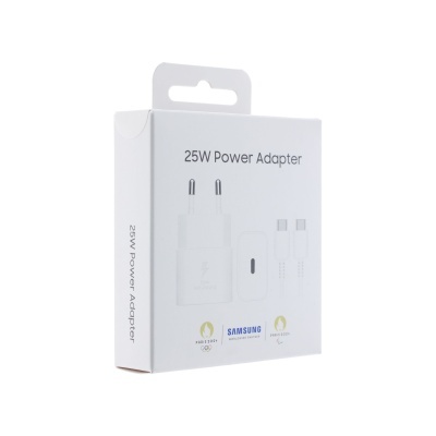 Caixa branca de adaptador de energia Samsung 25W Power Adapter com texto e imagens do produto.