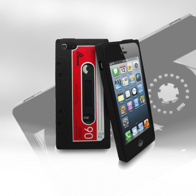 smartphones com design de cassete de áudio vermelha e preta, sobre fundo cinza com sombras