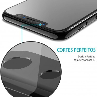 Smartphone preto com ecrã e destaque para cortes de sensor Face ID.