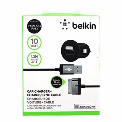 Carregador de carro e cabo USB Belkin para iPhone 4/4S e iPad 2, preto, potência 10W, 1,2m, caixa branca e verde
