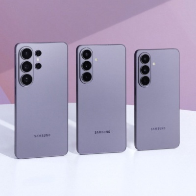 Três smartphones Samsung roxos com diferentes câmaras traseiras em fundo roxo