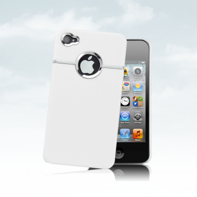 Telemóveis com capas protetoras brancas e pretas em fundo azul claro com nuvens