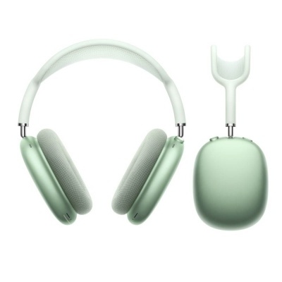 Auscultadores over-ear verde claro com tecido branco, em fundo branco