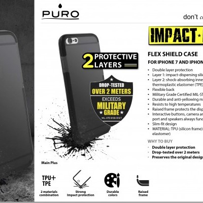 Imagem da embalagem da capa PURO FLEX SHIELD CASE para iPhone 7 e 6/6s com descrição das suas características e proteções.