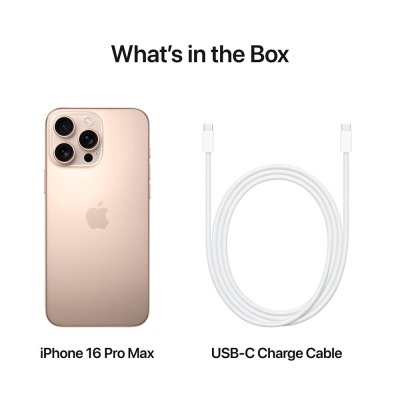 iPhone 16 Pro Max dourado com cabo de carregamento USB-C branco em fundo branco