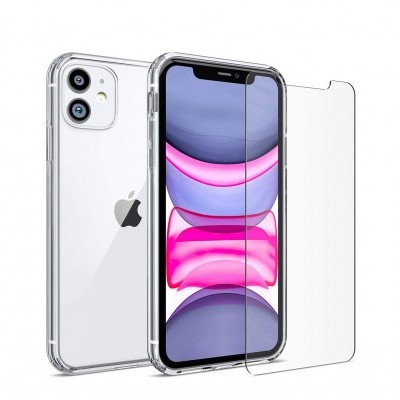 iPhone branco com capa transparente e protetor de ecrã separado